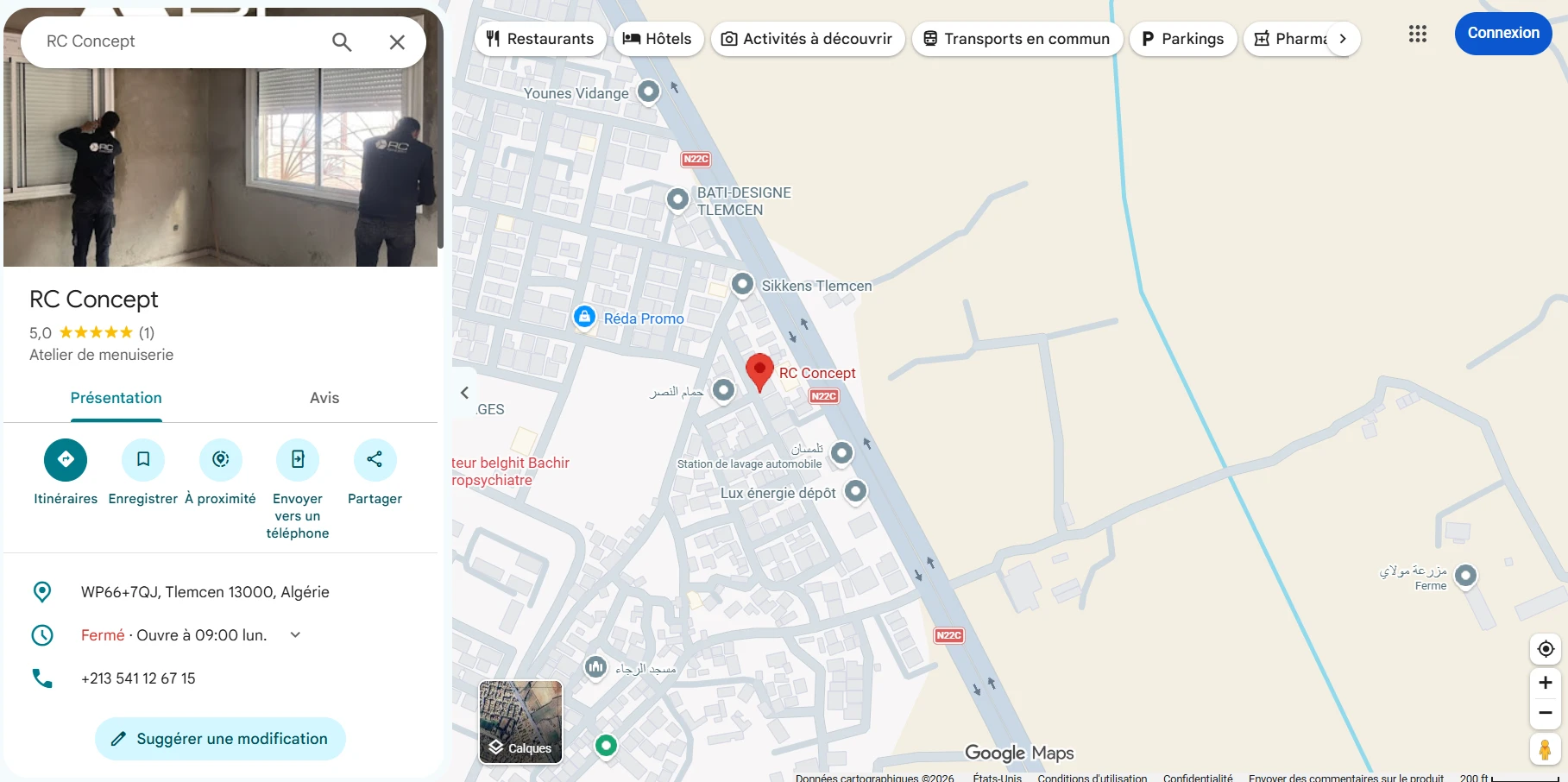Fiche Google Maps de RC Concept et localisation de l’atelier à Tlemcen, WP66+7QJ